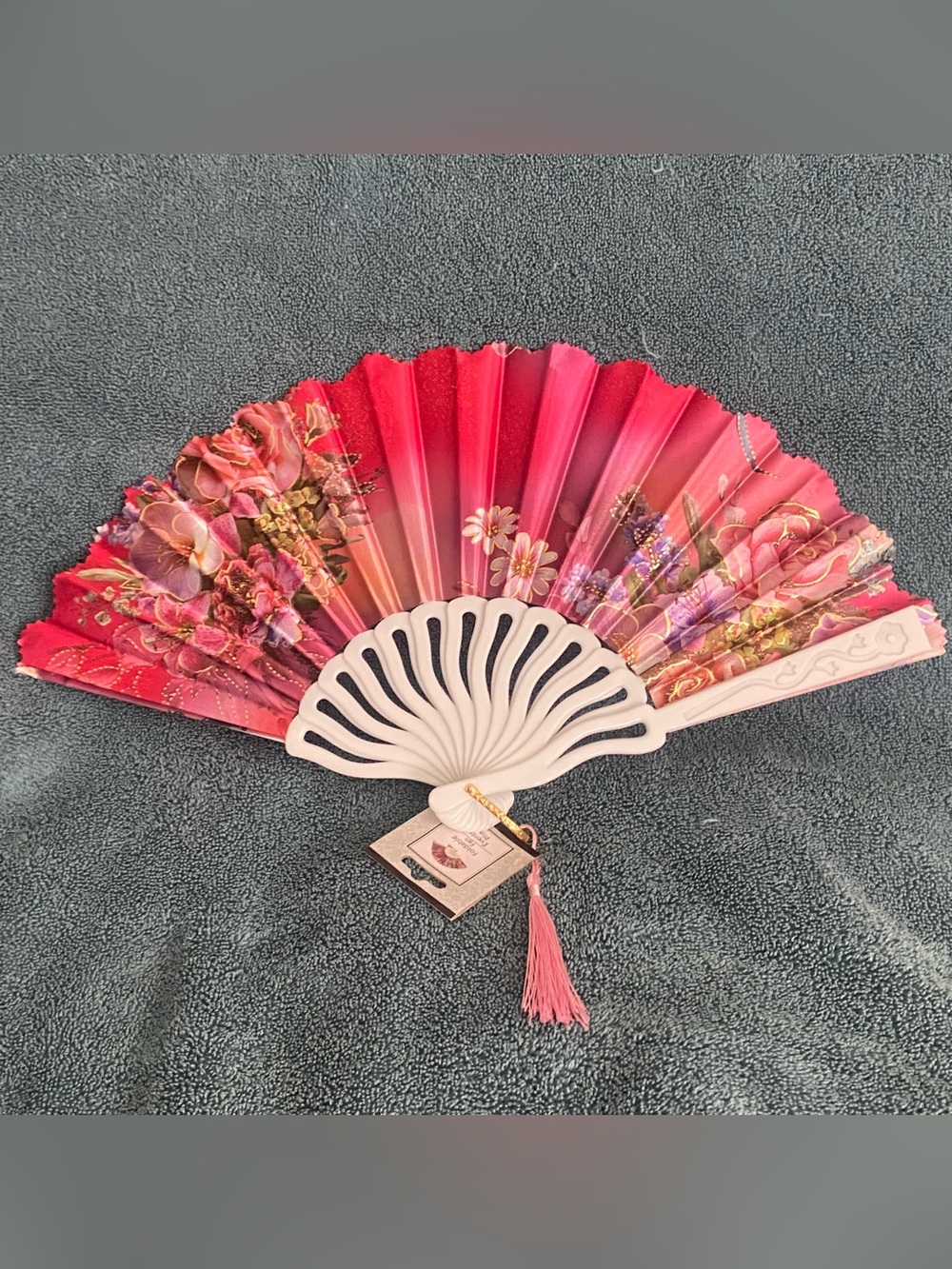 New Folding Hand Fan Dark Pink Floral Print Plastic Handle Nylon Blades 15”W 9”H